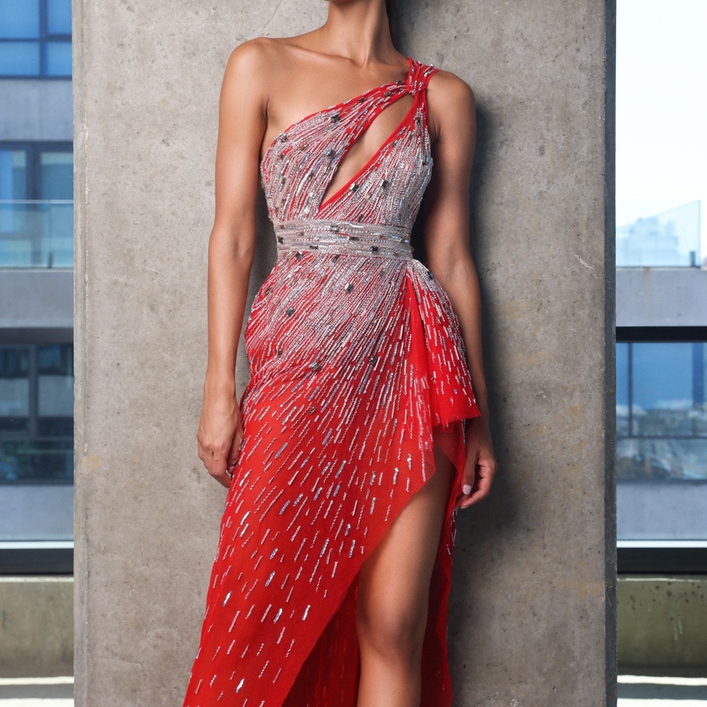 Hand embellished crystal tulle midi dress.